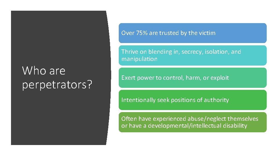 Over 75% are trusted by the victim Who are perpetrators? Thrive on blending in,