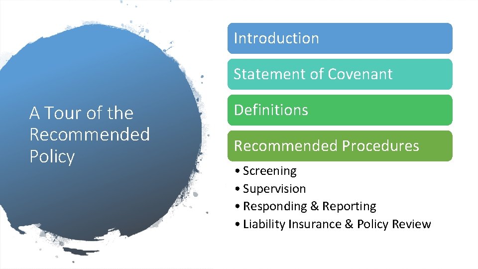 Introduction Statement of Covenant A Tour of the Recommended Policy Definitions Recommended Procedures •