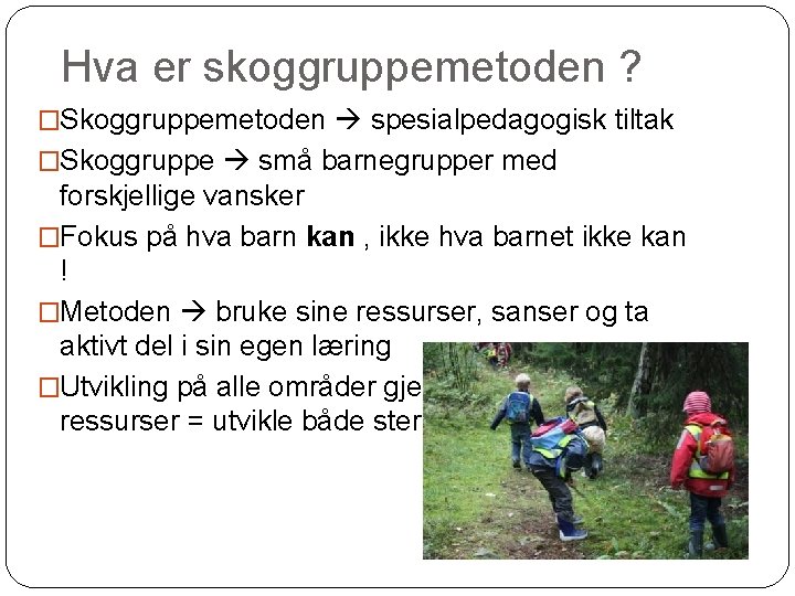 Hva er skoggruppemetoden ? �Skoggruppemetoden spesialpedagogisk tiltak �Skoggruppe små barnegrupper med forskjellige vansker �Fokus