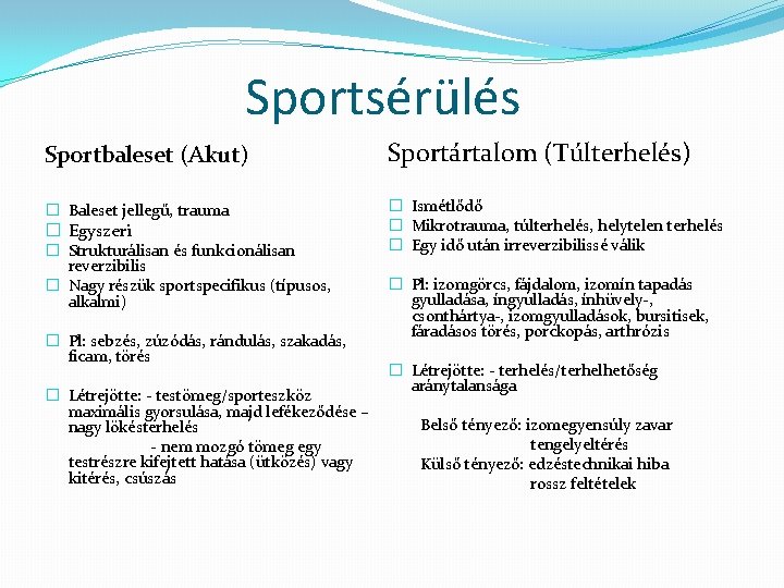 Sportsérülés Sportbaleset (Akut) Sportártalom (Túlterhelés) � Baleset jellegű, trauma � Ismétlődő � Mikrotrauma, túlterhelés,