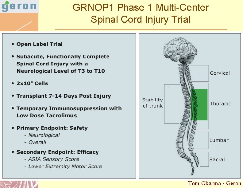 GRNOP 1 Phase 1 Multi-Center Spinal Cord Injury Trial Tom Okarma - Geron Doug