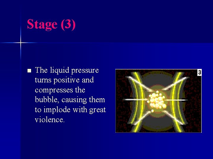 Stage (3) n The liquid pressure turns positive and compresses the bubble, causing them