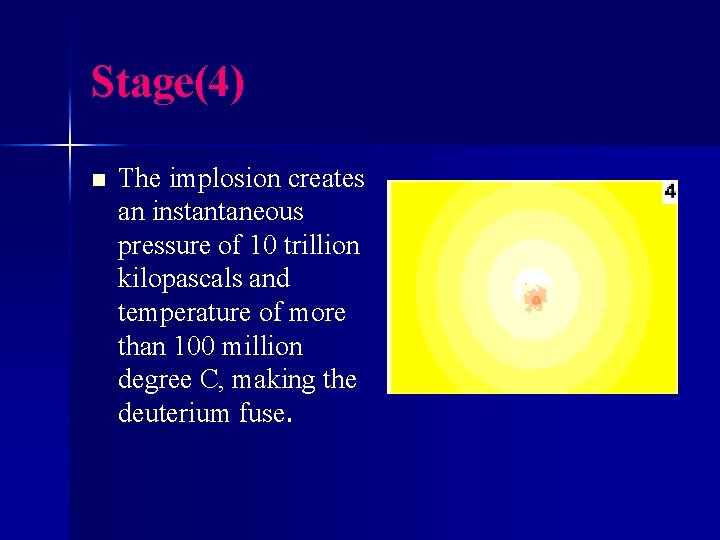 Stage(4) n The implosion creates an instantaneous pressure of 10 trillion kilopascals and temperature