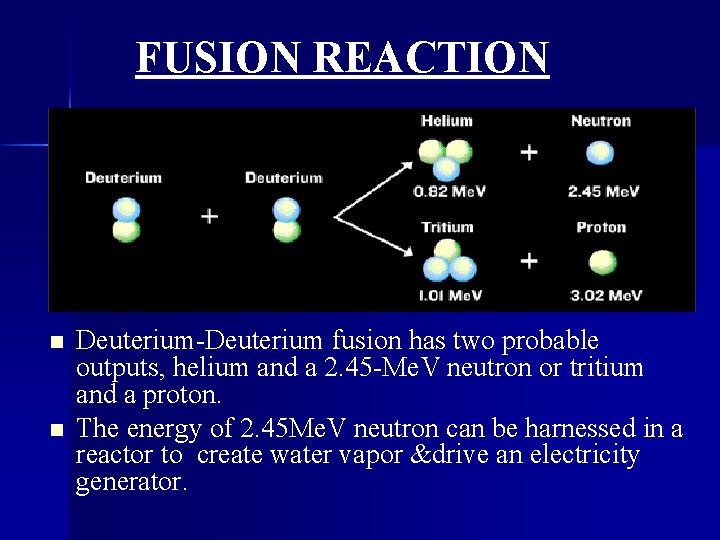 FUSION REACTION n n Deuterium-Deuterium fusion has two probable outputs, helium and a 2.