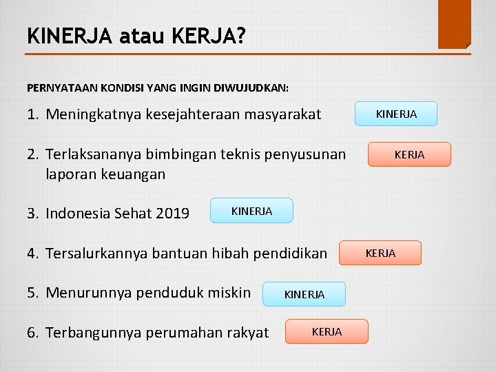 KINERJA atau KERJA? PERNYATAAN KONDISI YANG INGIN DIWUJUDKAN: 1. Meningkatnya kesejahteraan masyarakat 2. Terlaksananya