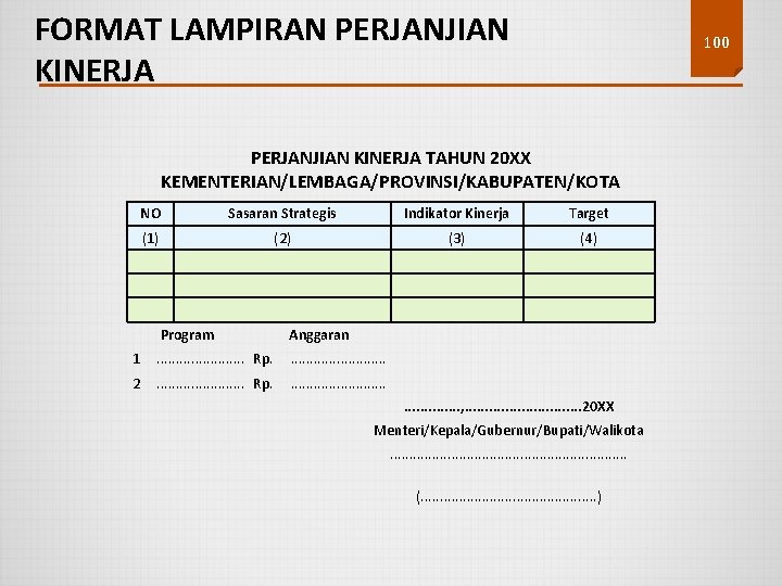 FORMAT LAMPIRAN PERJANJIAN KINERJA 100 PERJANJIAN KINERJA TAHUN 20 XX KEMENTERIAN/LEMBAGA/PROVINSI/KABUPATEN/KOTA NO Sasaran Strategis