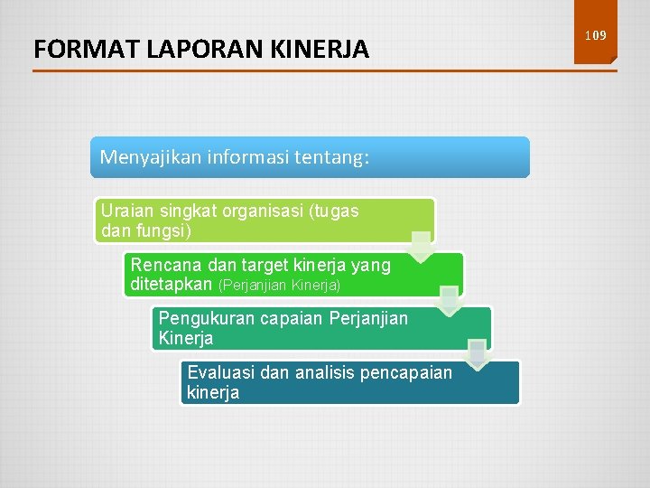 FORMAT LAPORAN KINERJA Menyajikan informasi tentang: Uraian singkat organisasi (tugas dan fungsi) Rencana dan