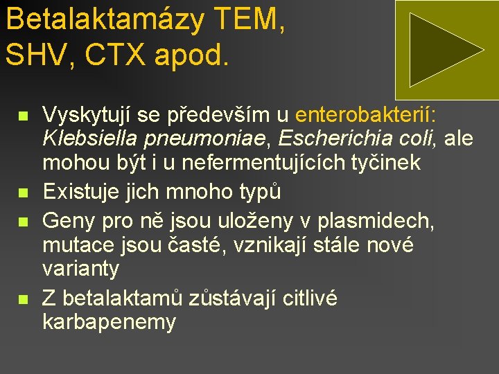 Betalaktamázy TEM, SHV, CTX apod. n n Vyskytují se především u enterobakterií: Klebsiella pneumoniae,
