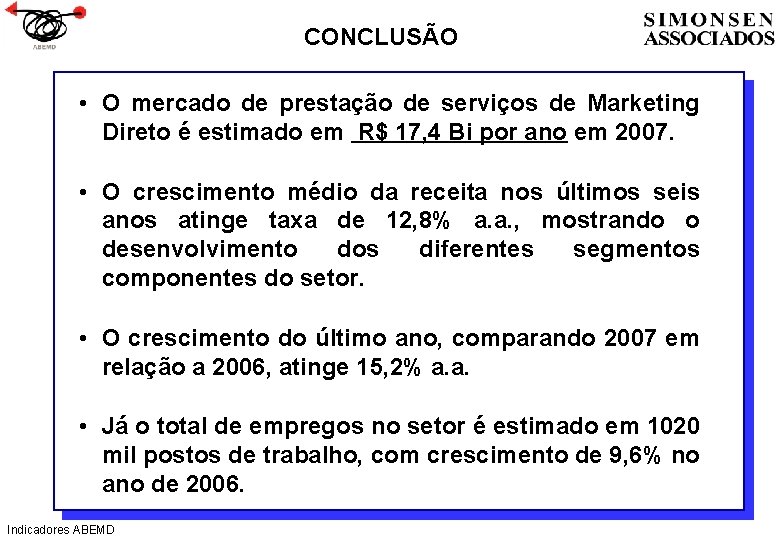 CONCLUSÃO • O mercado de prestação de serviços de Marketing Direto é estimado em
