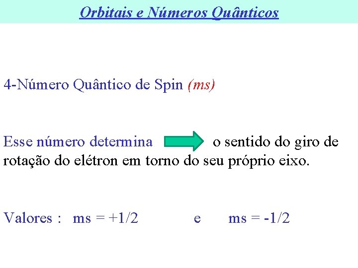 Orbitais e Números Quânticos 4 -Número Quântico de Spin (ms) Esse número determina o