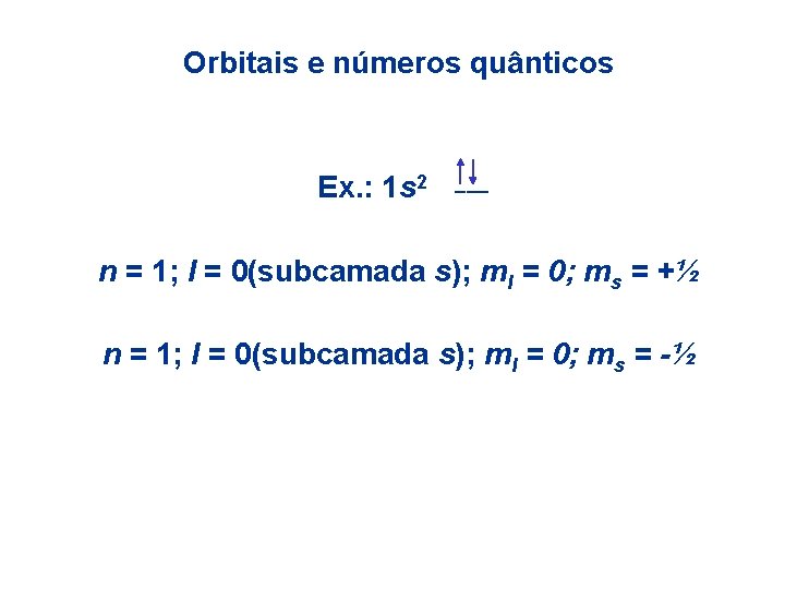 Orbitais e números quânticos Ex. : 1 s 2 ___ n = 1; l