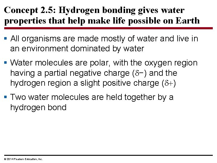 Concept 2. 5: Hydrogen bonding gives water properties that help make life possible on