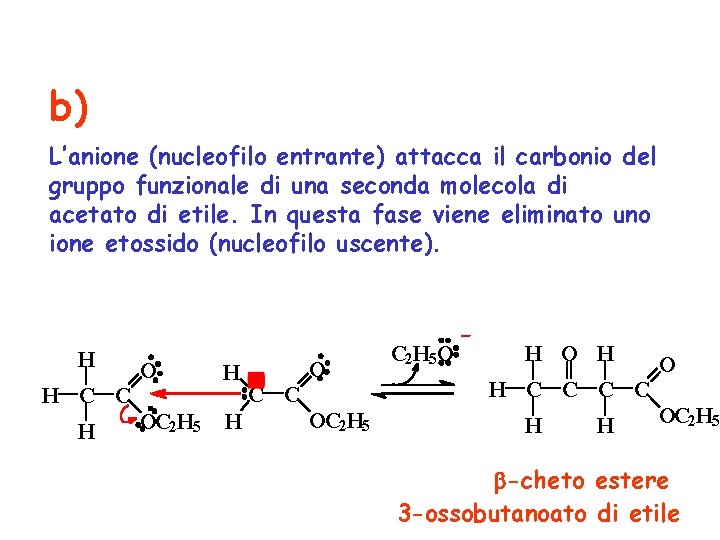 b) L’anione (nucleofilo entrante) attacca il carbonio del gruppo funzionale di una seconda molecola