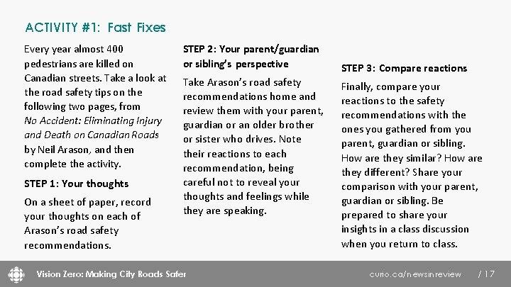 ACTIVITY #1: Fast Fixes Every year almost 400 pedestrians are killed on Canadian streets.