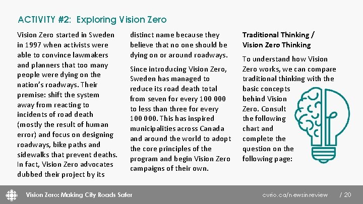 ACTIVITY #2: Exploring Vision Zero started in Sweden in 1997 when activists were able