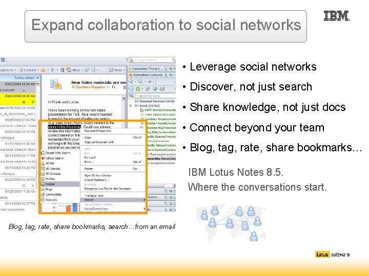 Expand collaboration to social networks • Leverage social networks • Discover, not just search Expand collaboration to social networks • Leverage social networks • Discover, not just search