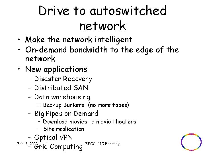 Drive to autoswitched network • Make the network intelligent • On-demand bandwidth to the