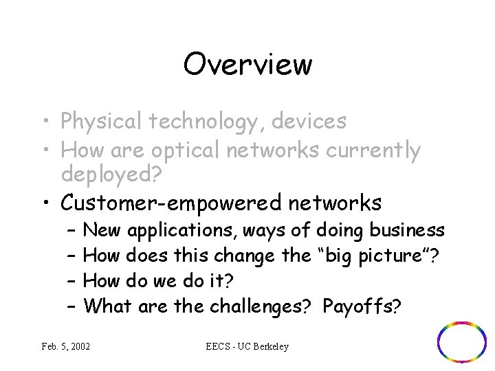 Overview • Physical technology, devices • How are optical networks currently deployed? • Customer-empowered
