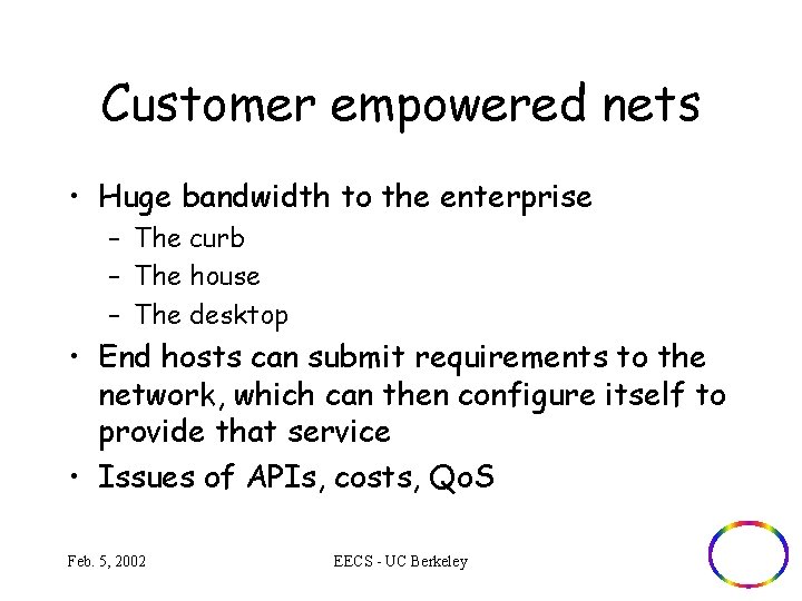 Customer empowered nets • Huge bandwidth to the enterprise – The curb – The