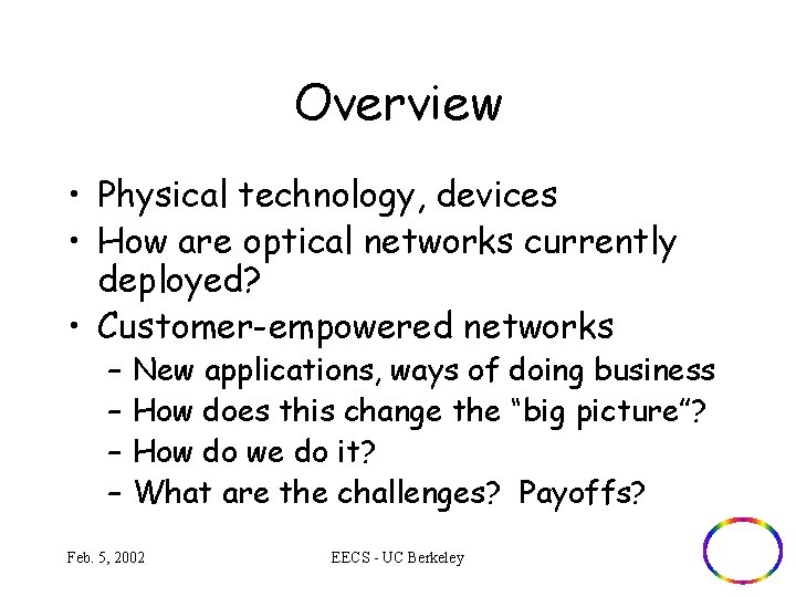 Overview • Physical technology, devices • How are optical networks currently deployed? • Customer-empowered