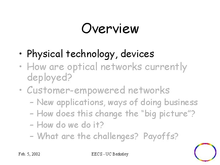 Overview • Physical technology, devices • How are optical networks currently deployed? • Customer-empowered