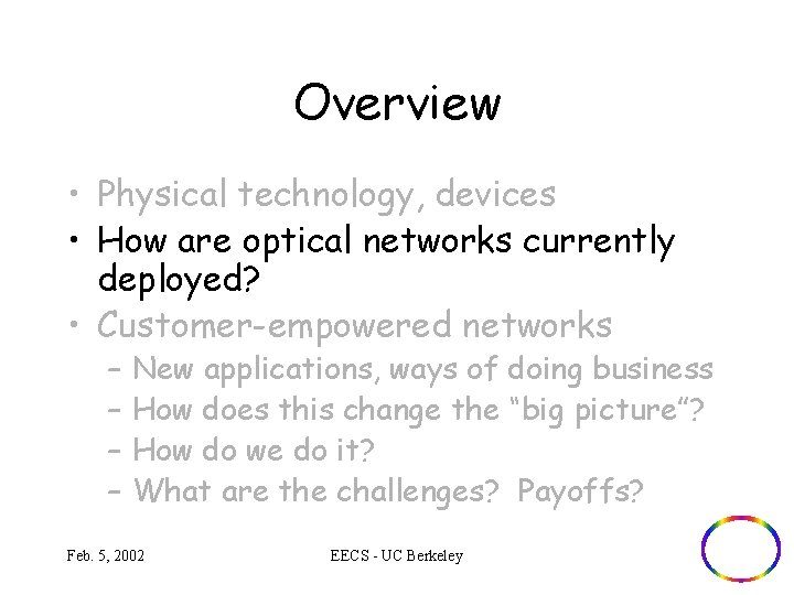 Overview • Physical technology, devices • How are optical networks currently deployed? • Customer-empowered