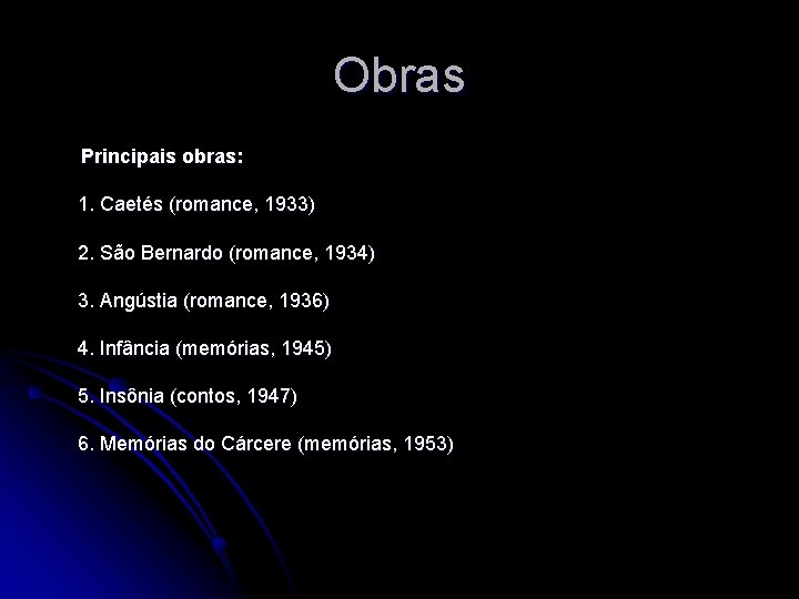 Obras Principais obras: 1. Caetés (romance, 1933) 2. São Bernardo (romance, 1934) 3. Angústia