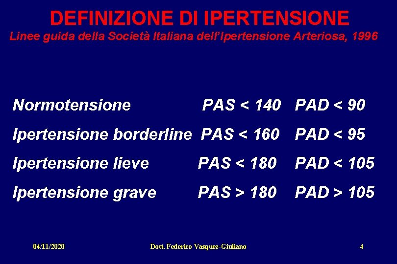 DEFINIZIONE DI IPERTENSIONE Linee guida della Società Italiana dell’Ipertensione Arteriosa, 1996 Normotensione PAS <