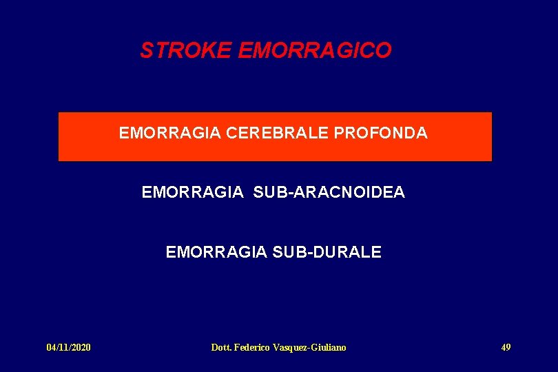 STROKE EMORRAGICO EMORRAGIA CEREBRALE PROFONDA EMORRAGIA SUB-ARACNOIDEA EMORRAGIA SUB-DURALE 04/11/2020 Dott. Federico Vasquez-Giuliano 49