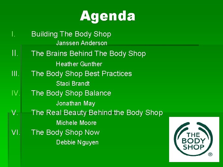 Agenda I. Building The Body Shop Janssen Anderson II. The Brains Behind The Body