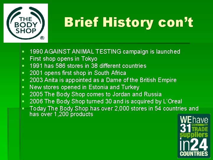 Brief History con’t § § § § § 1990 AGAINST ANIMAL TESTING campaign is