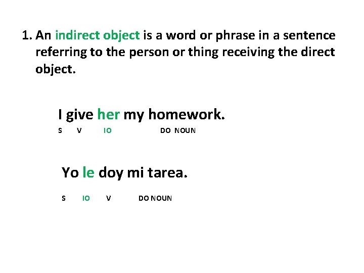 1. An indirect object is a word or phrase in a sentence referring to