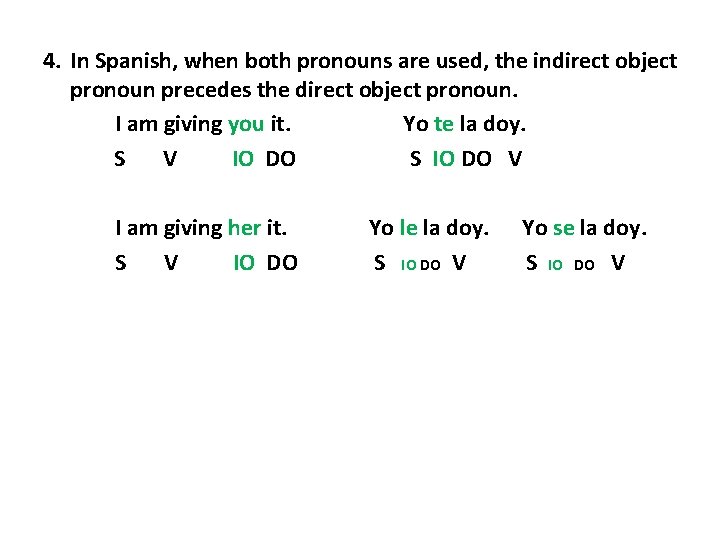 4. In Spanish, when both pronouns are used, the indirect object pronoun precedes the
