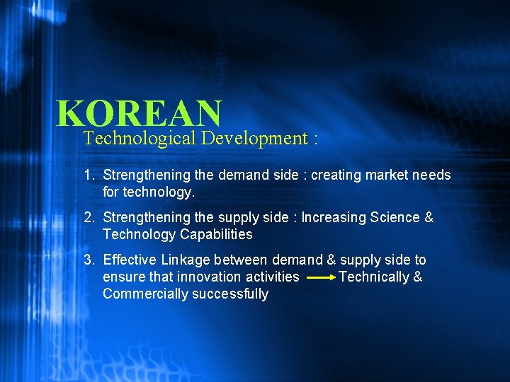 KOREAN Technological Development : 1. Strengthening the demand side : creating market needs for