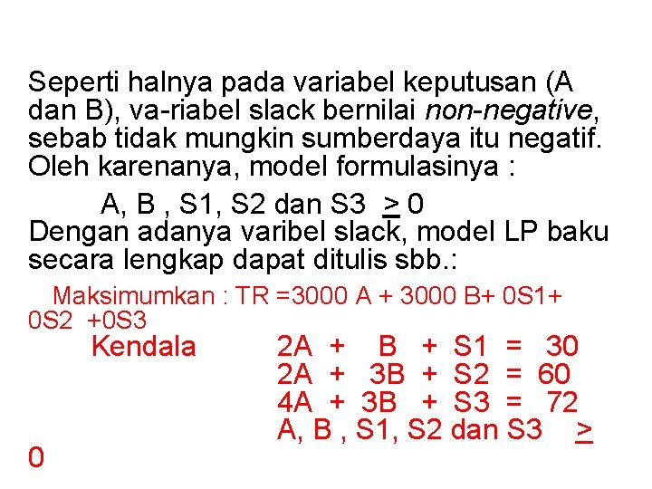 Seperti halnya pada variabel keputusan (A dan B), va-riabel slack bernilai non-negative, sebab tidak