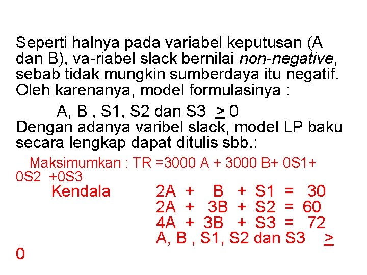 Seperti halnya pada variabel keputusan (A dan B), va-riabel slack bernilai non-negative, sebab tidak