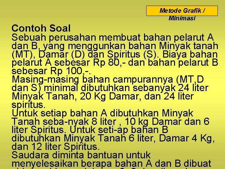 Metode Grafik / Minimasi Contoh Soal Sebuah perusahan membuat bahan pelarut A dan B,