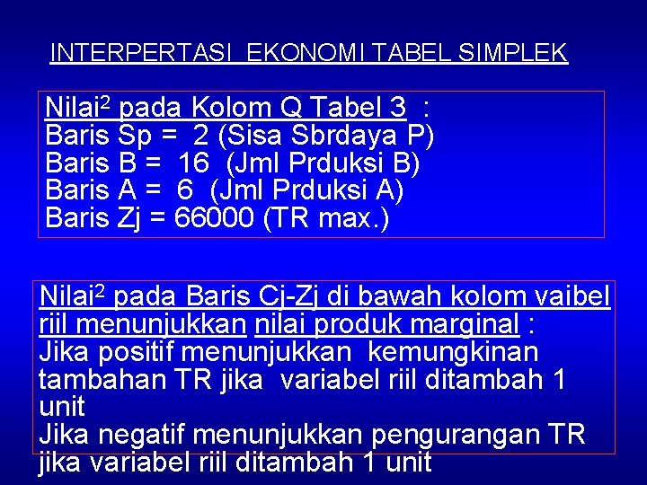 INTERPERTASI EKONOMI TABEL SIMPLEK Nilai 2 pada Kolom Q Tabel 3 : Baris Sp