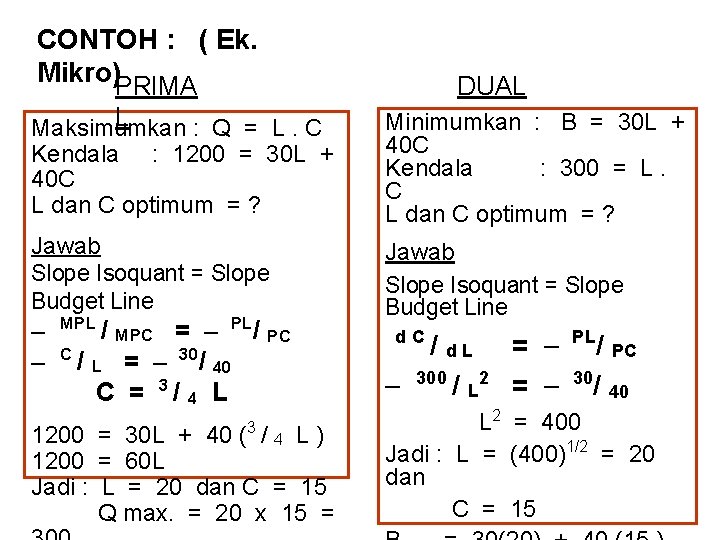 CONTOH : ( Ek. Mikro)PRIMA DUAL L Maksimumkan : Q = L. C Kendala