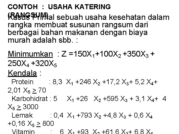 CONTOH : USAHA KATERING (RANGSUM) Kasus Primal sebuah usaha kesehatan dalam rangka membuat susunan