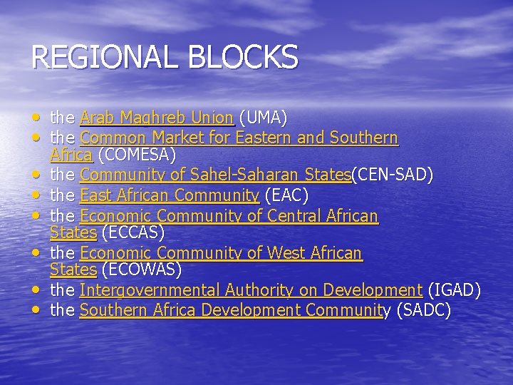 REGIONAL BLOCKS • the Arab Maghreb Union (UMA) • the Common Market for Eastern