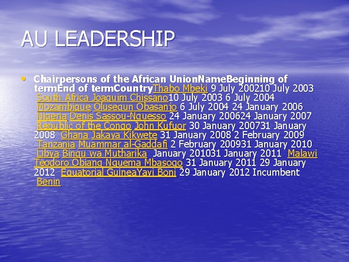 AU LEADERSHIP • Chairpersons of the African Union. Name. Beginning of term. End of