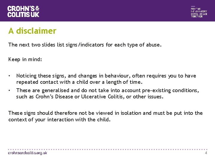 A disclaimer The next two slides list signs/indicators for each type of abuse. Keep