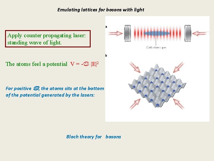 Emulating lattices for bosons with light Apply counter propagating laser: standing wave of light.