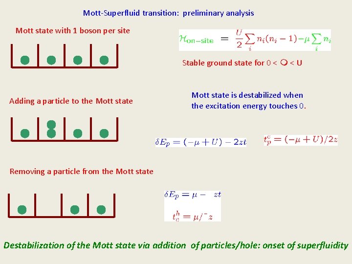 Mott-Superfluid transition: preliminary analysis Mott state with 1 boson per site Stable ground state