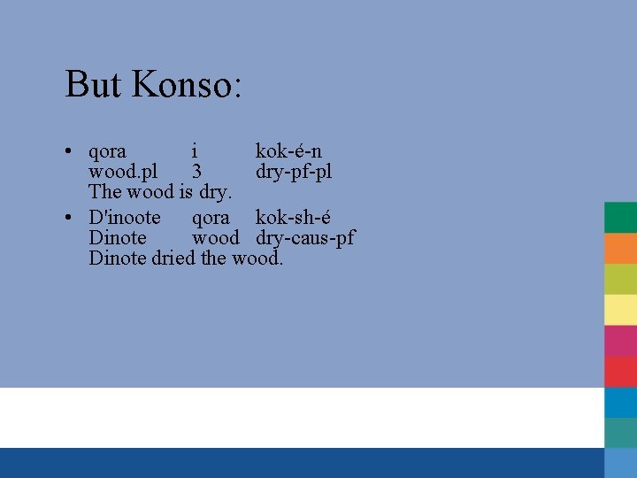 But Konso: • qora i kok-é-n wood. pl 3 dry-pf-pl The wood is dry.