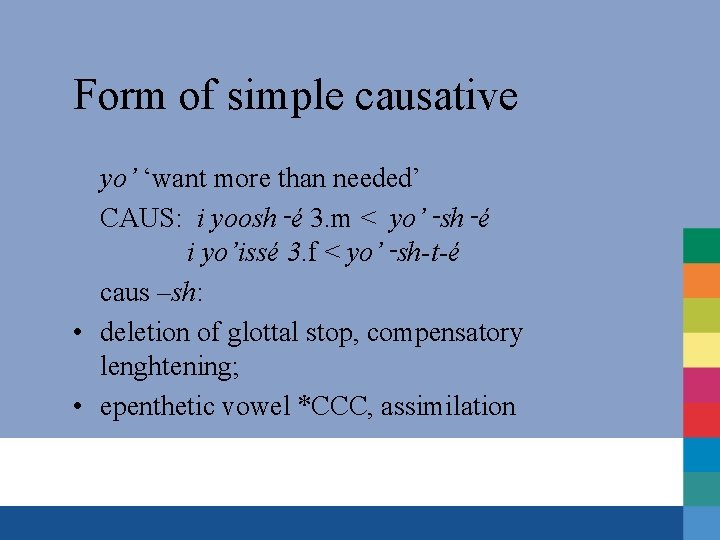 Form of simple causative yo’ ‘want more than needed’ CAUS: i yoosh‑é 3. m
