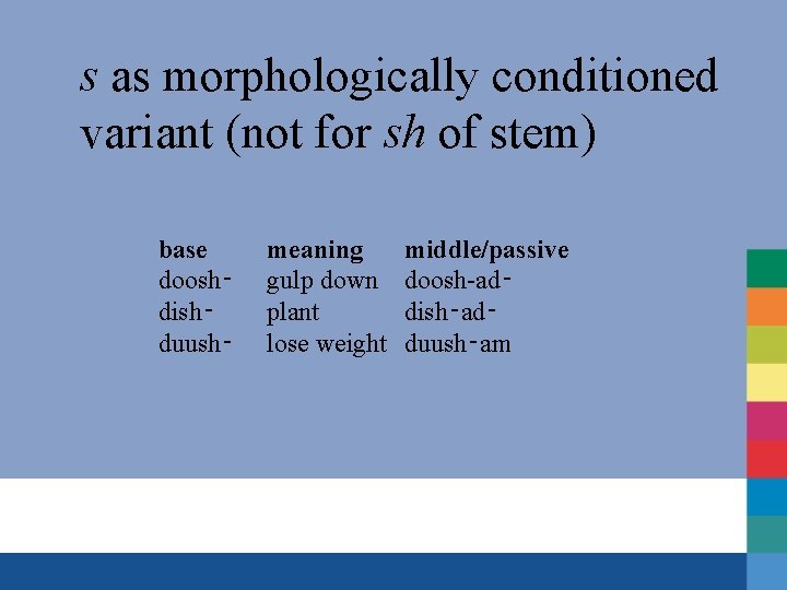 s as morphologically conditioned variant (not for sh of stem) base doosh‑ dish‑ duush‑
