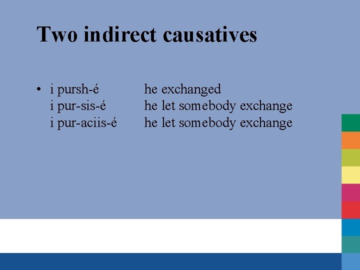 Two indirect causatives • i pursh-é i pur-sis-é i pur-aciis-é he exchanged he let