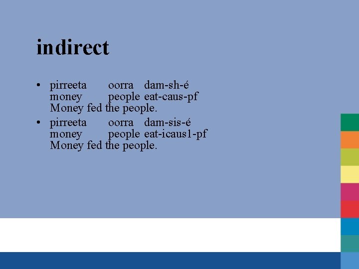 indirect • pirreeta oorra dam-sh-é money people eat-caus-pf Money fed the people. • pirreeta